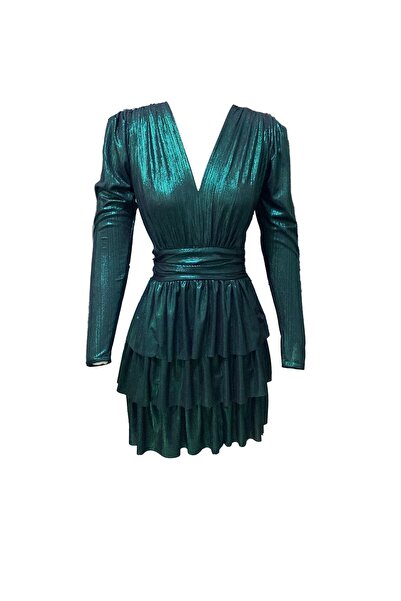 Bright Metallic Emerald Green Pleated Dress