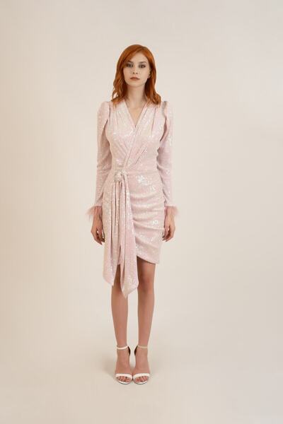 ElifNaz Otrişli Hologram Pudra Pembe Elbise