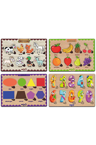 minİQ toys Ahşap Türkçe Ciftlik Hayv.+meyveler-sekiller-sayilar 4’lü Set Eğitici-öğretici Yapboz