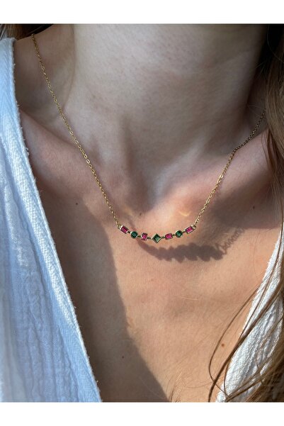 Hora Zirkon Zümrüt ve Yakut Detay Minimal Gold Çelik Kolye