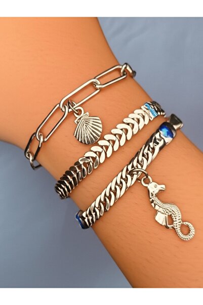 KANERUZ 3 Pieces Silver Color Sea Horse Trend Chain Bracelet