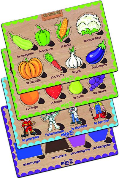 minİQ toys Ahşap Fransızca Sebzeler-meyveler-meslekler-sekiller 4’lü Set Eğit...