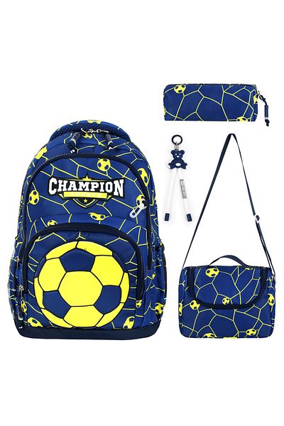 Bodmar Çanta Since 2023 Football Patterned Yellow Navy Blue Children's Primary School School Bag Set (Bag Thermal Lunch Pen Holder)