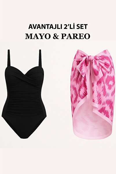 Bermody French Inspired Gathering Draped Swimsuit Pareo Set of 2 with Adjustable Straps, Stylish and Slimming Effect
