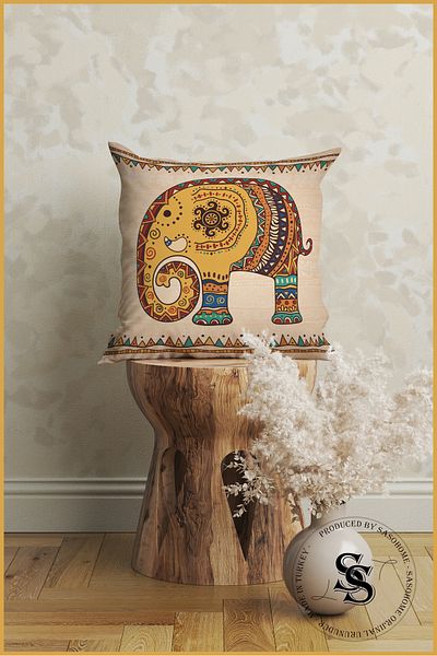 SasoHome Κάλυμμα μαξιλαριού με 3D ψηφιακό τυπωμένο ριχτάρι με έθνικ Ινδικό κεντημένο σχέδιο ελέφαντα σε κρεμ φόντο