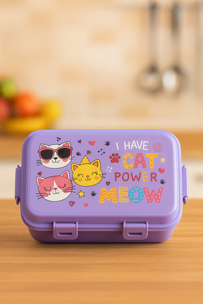 MasterCar CatPower Dikdörtgen Model Kendinden Kaşıklı 4 Bölmeli 2 Katlı Beslenme Kutusu Kedili