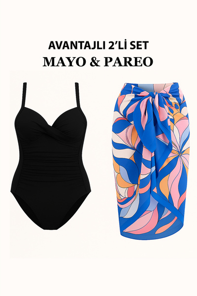 Bermody French Inspired Gathering Draped Swimsuit Pareo Set of 2 with Adjustable Straps, Stylish and Slimming Effect