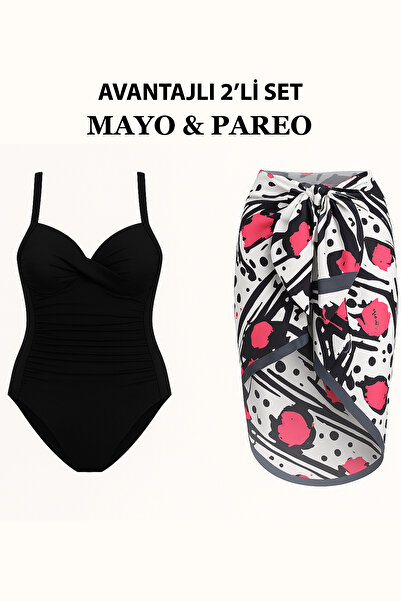 Bermody French Inspired Gathering Draped Swimsuit Pareo Set of 2 with Adjustable Straps, Stylish and Slimming Effect