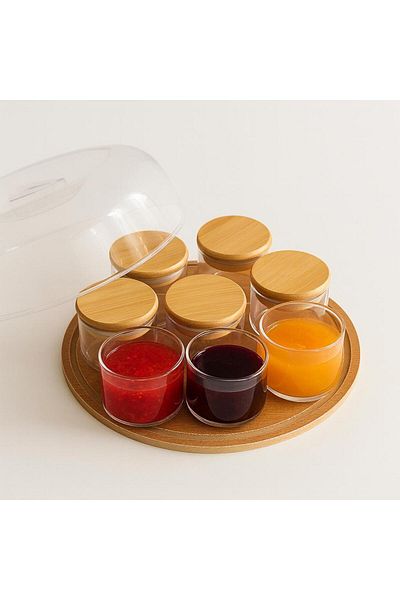 Noah Exclusive 8 Pieces 150 ml Borosilicate Round Wooden Jar - Jam Bowl with Bamboo Lid - Breakfast Bowl - (70 X 50 mm)