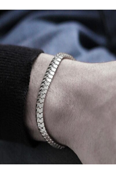 KANERUZ Unisex Silver Color Flat Caterpillar Interlocking Tag Bracelet