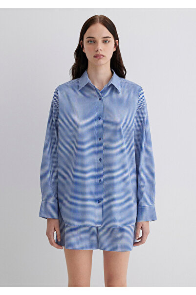 Mavi Kareli Lacivert Gömlek Oversize / Geniş Kesim 1211242-90956