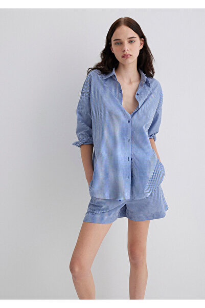 Mavi Kareli Lacivert Gömlek Oversize / Geniş Kesim 1211242-90956