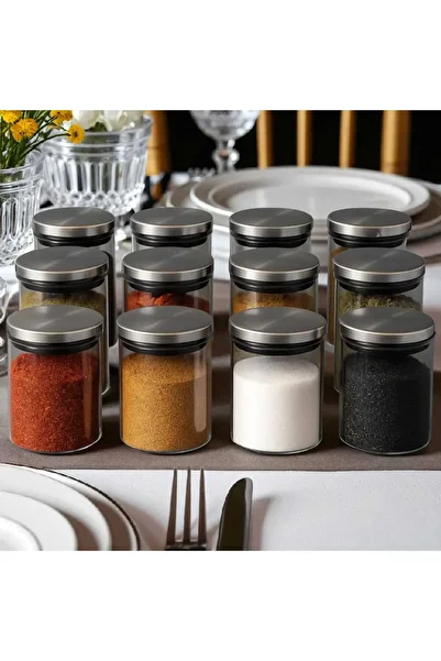 Noah Exclusive 300 ml (70 mm X 100 mm) Set of 12 Borosilicate Glass Spice Jars with Non-Leaking Silicone Metal Lid