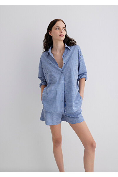 Mavi Kareli Lacivert Gömlek Oversize / Geniş Kesim 1211242-90956