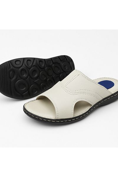 Growish Gr0343 Genuine Soft Leather Inside and Outside Non-Slip Rubber Sole White Bone Color Comfortable Slippers