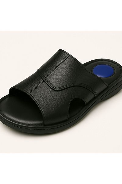 Growish Gr0342 Genuine Soft Leather Inside and Outside Non-Slip Rubber Sole Black Color Comfortable Slippers