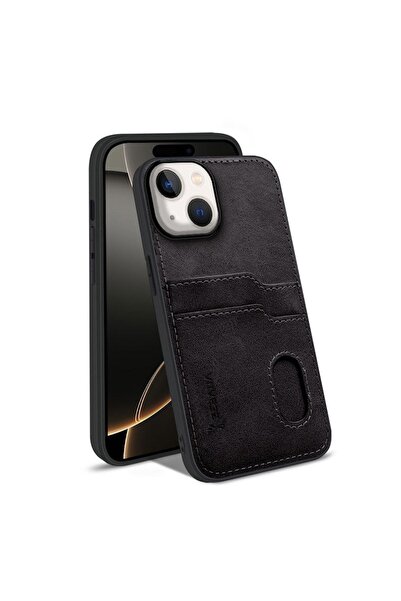 Zebana Apple iPhone 15 Uyumlu Kılıf Kartlıklı Lüx Deri Kılıf Siyah