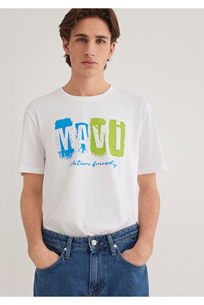 Mavi تي شيرت أبيض مطبوع عليه شعار، قصة عادية / قصة عادية 0610632-620