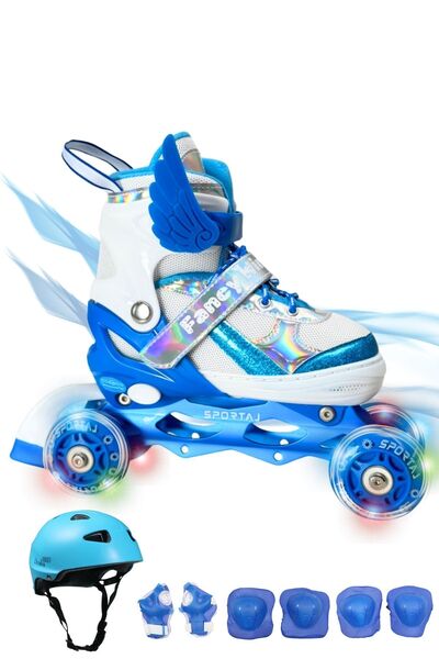Sportaj Angel Wings Lighted Children's Skating Helmet and Knee Pad Set Silicone Wheel Adjustable Skates with Bag