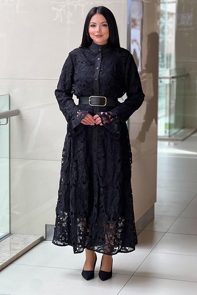 Mahal Guipure Dress with Belted Sleeve Ends Valon