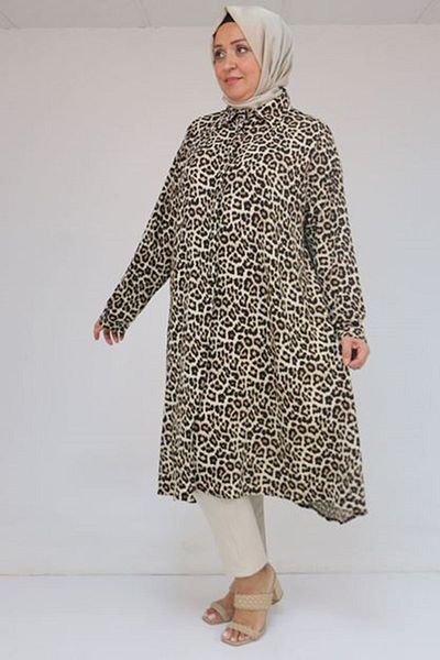 Eslina 58083 Large Size Mevlana Patterned Wrinkle Shirt - Mink-Beige