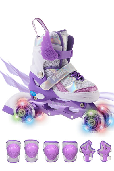 Sportaj Angel Wings Lighted Children's Skates and Knee Pads Set Silicone Wheel Adjustable Skates with Bag Lilac