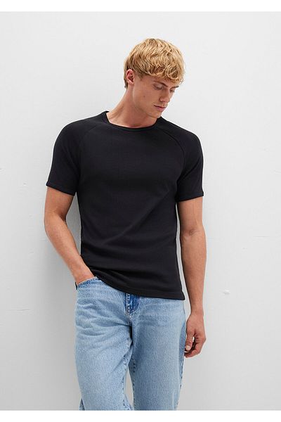 Mavi Schwarzes tailliertes T-Shirt mit Rippenmuster -06605902