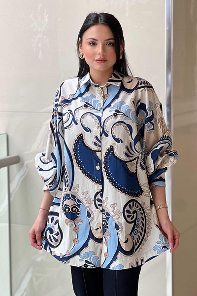 Ghisa Shawl Patterned Pearl Button Cotton Shirt