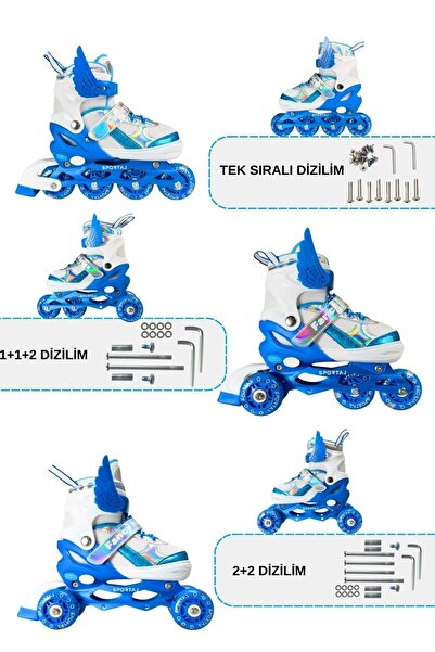 Sportaj Angel Wings Lighted Children's Skates and Knee Pads Set Silicone Wheel Adjustable Skates with Bag Blue