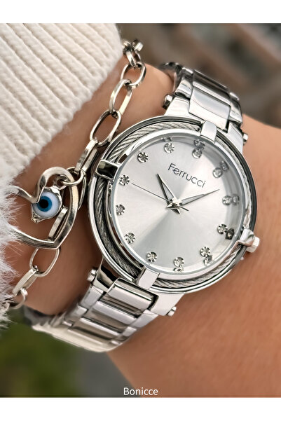 Ferrucci Marka, Çelik Kordon, Gece Görüşlü, Takvimli , Gümüş Renk Kadın Kol Saati Nazar Boncuklu Bileklik