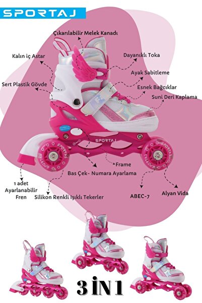 Sportaj Angel Wings Lighted Children's Skating Helmet and Knee Pad Set Silicone Wheel Adjustable Skates with Bag