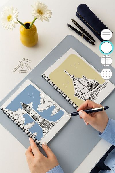 Eldesen Tasarım Set of 2 Unlined Notebooks, A5 Size 50 Sheets 100 Pages Set of 2, Lighthouse