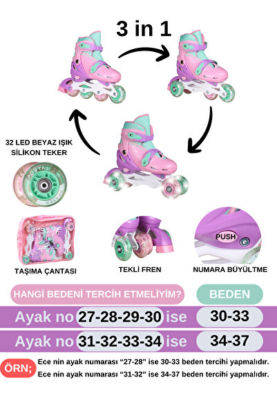 Toyaş Children's Skates with Four Wheels and Lights, with Knee and Elbow Pads Set and Carrying Bag