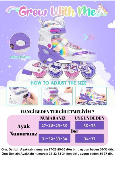 Sportaj Unicorn Işıklı Paten Kask Koruma Seti 2+2 Gökkuşağı Kız Çocuk Pateni Silikon Teker,Taşıma Çantalı 3
