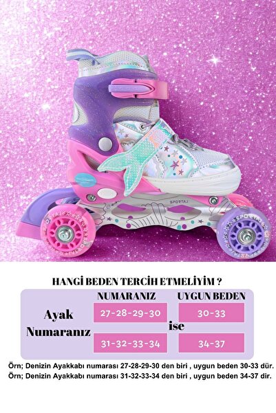 Sportaj Deniz Kızı Işıklı Kız Çocuk Pateni Silikon Teker Ayarlanabilir Paten Taşıma Çantalı Pembe