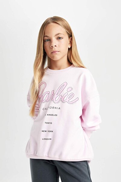 DeFacto Kız Çocuk Pembe Barbie Oversize Geniş Kalıp Bisiklet Yaka İçi Yumuşak Tüylü Sweatshirt D1117A824AU