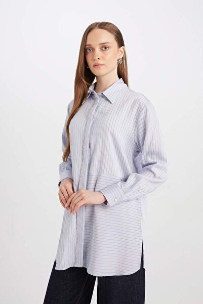 DeFacto Relax Fit Gömlek Yaka Yırtmaçlı Uzun Kollu Çizgili Gömlek Tunik D7199AX24WN