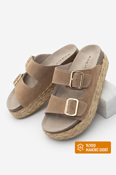 Marjin Women's Genuine Leather Slippers, Thick Straw Sole and Two-Striped Casual Camel Lumet