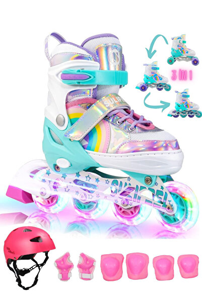 Sportaj Unicorn Işıklı Paten Kask Koruma Seti 2+2 Gökkuşağı Kız Çocuk Pateni Silikon Teker,Taşıma Çantalı 3