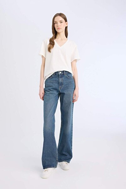 DeFacto Straight Wide Yüksek Bel Geniş Paça Jean Kar Yıkamalı Pantolon D7975AX25SP