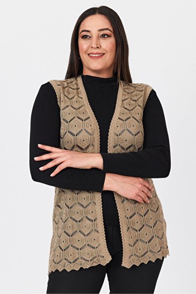 Uludağ Triko Kadın Kum İşlemeli Merserize Mevsimlik Triko Anne Yelek
