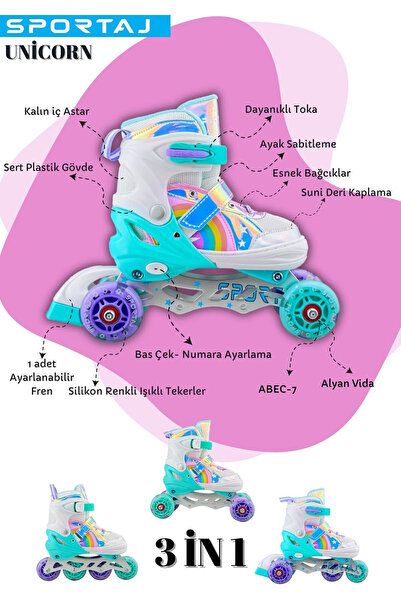 Sportaj Unicorn Işıklı Paten Kask Koruma Seti 2+2 Gökkuşağı Kız Çocuk Pateni Silikon Teker,Taşıma Çantalı 3