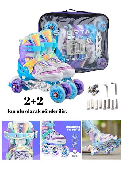 Sportaj Deniz Kızı Işıklı Paten Kask Koruma Seti 2+2 Kız Çocuk Pateni Silikon Teker,Taşıma Çantalı 3 in 1 Te