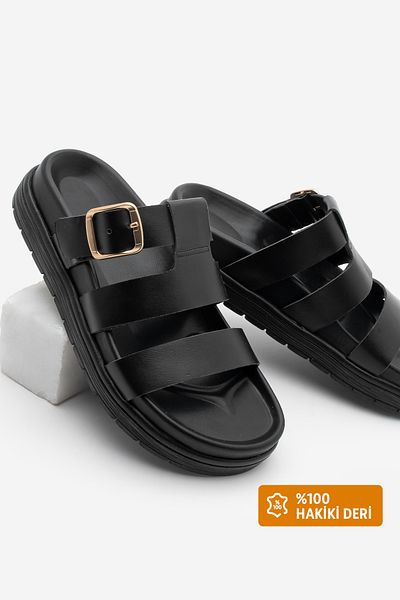 Marjin Women's Black Lihos - Genuine Leather Banded Daily Buckle Slippers