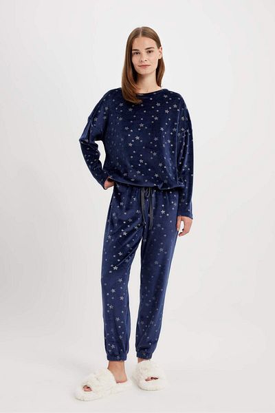 DeFacto Set pijamale Fall in Love Decolteu cu model Velur Top cu mâneci lungi Talie elastică C5445AX24AU