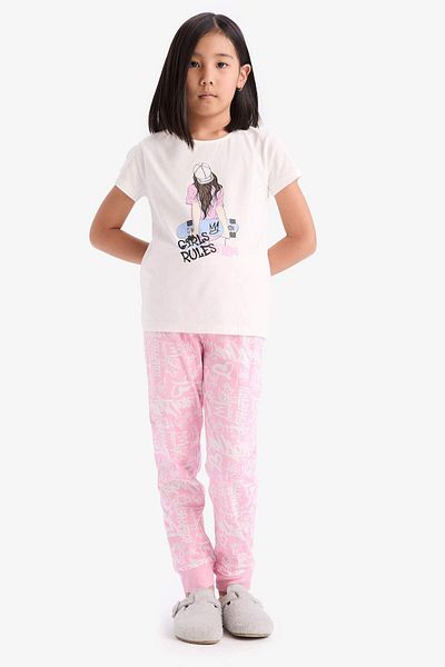 DeFacto Girls' Pajamas Set Crew Neck Printed Short Sleeve Top Long Bottom E0540A825Sm