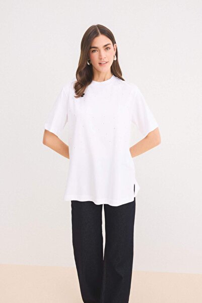 DeFacto Regular Fit Rundhalsausschnitt Basic Solid Kurzarm Weißes T-Shirt Tunika E1397AX25SP