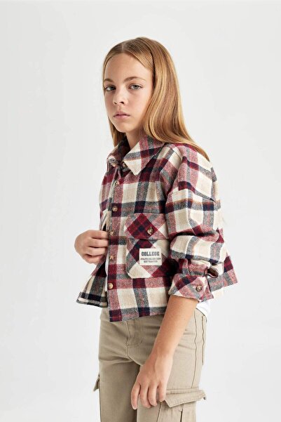 DeFacto Kız Çocuk Relax Fit Kareli Uzun Kollu Crop Gömlek C9481A824AU