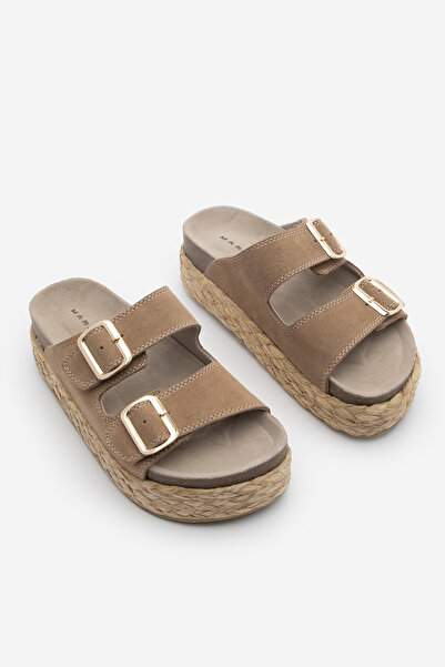 Marjin Women's Genuine Leather Slippers, Thick Straw Sole and Two-Striped Casual Camel Lumet