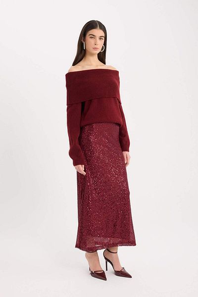 DeFacto New Year's Themed A-Line Regular Waist Sequined Fabric Maxi Skirt E2440Ax24Wn